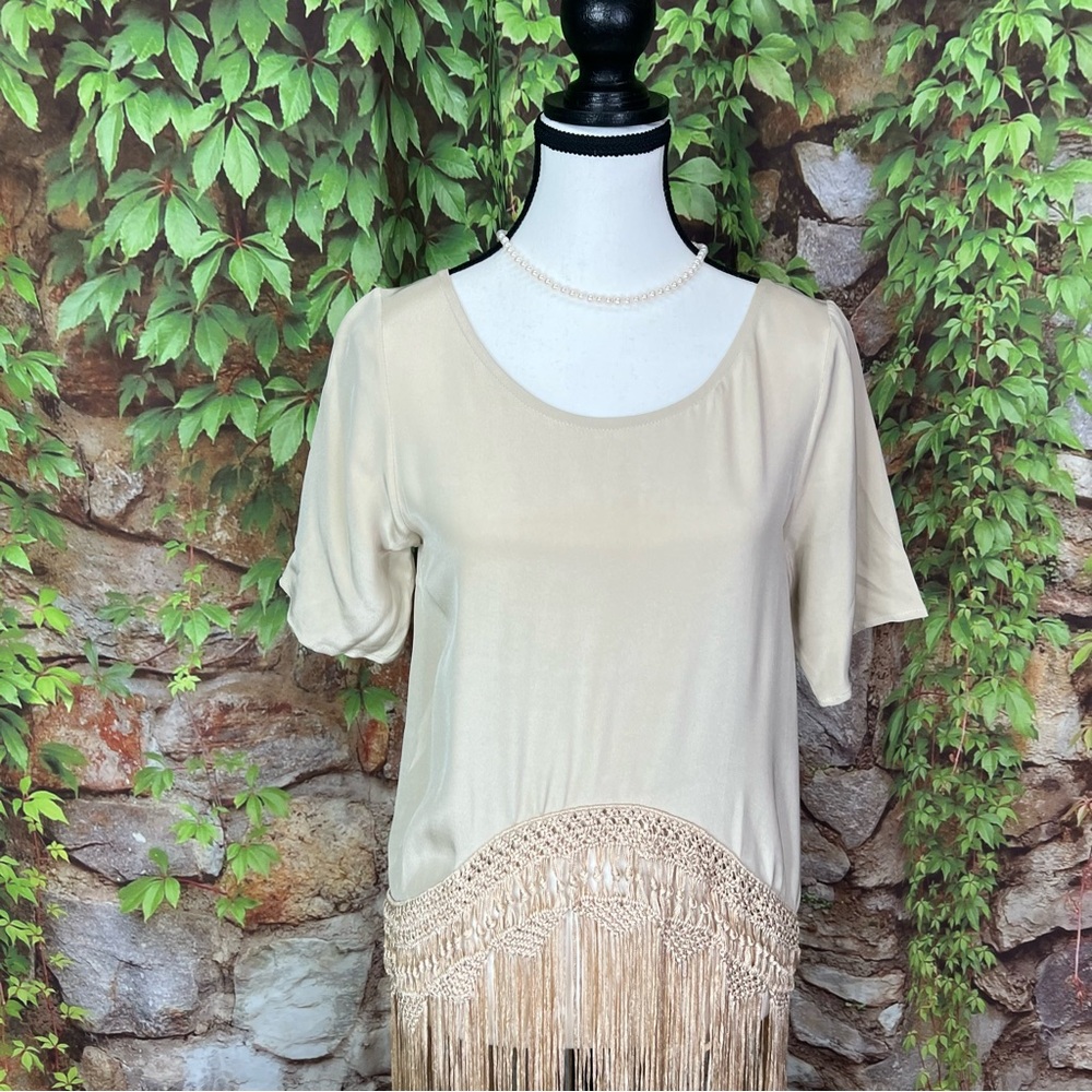 NWT TRYB Festival Style Taupe Silk Fringed Short Sleeve Blouse, XS - Picture 4 of 15